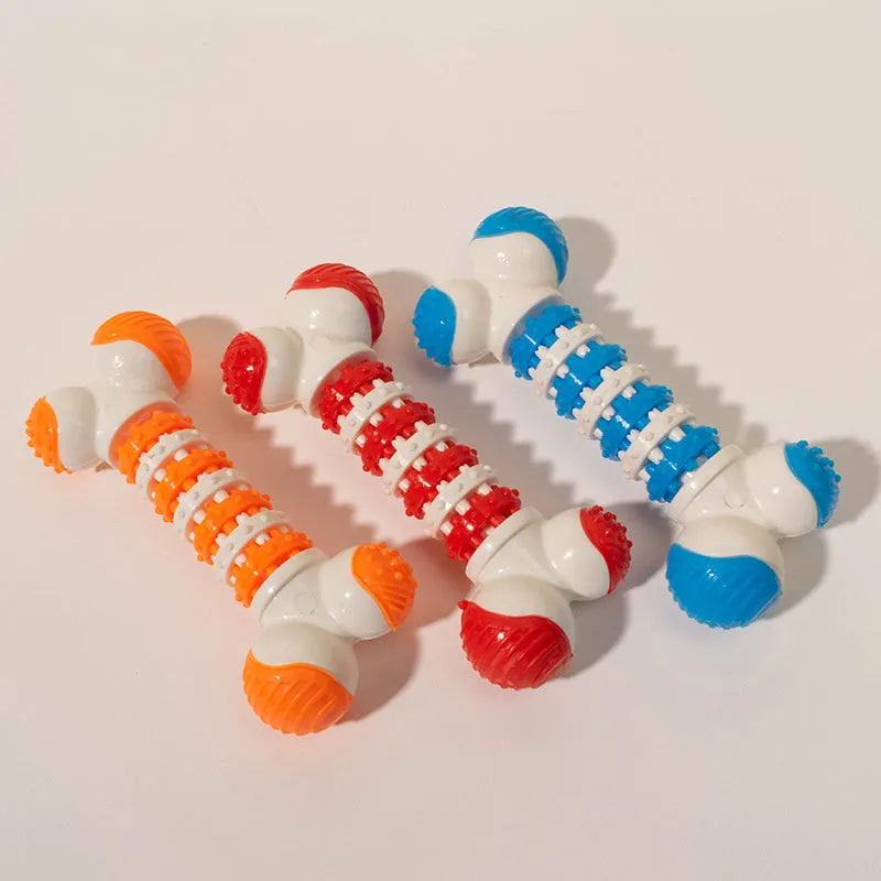 Small dog bone chew toy with treat dispenser centre in blue, orange and red colours