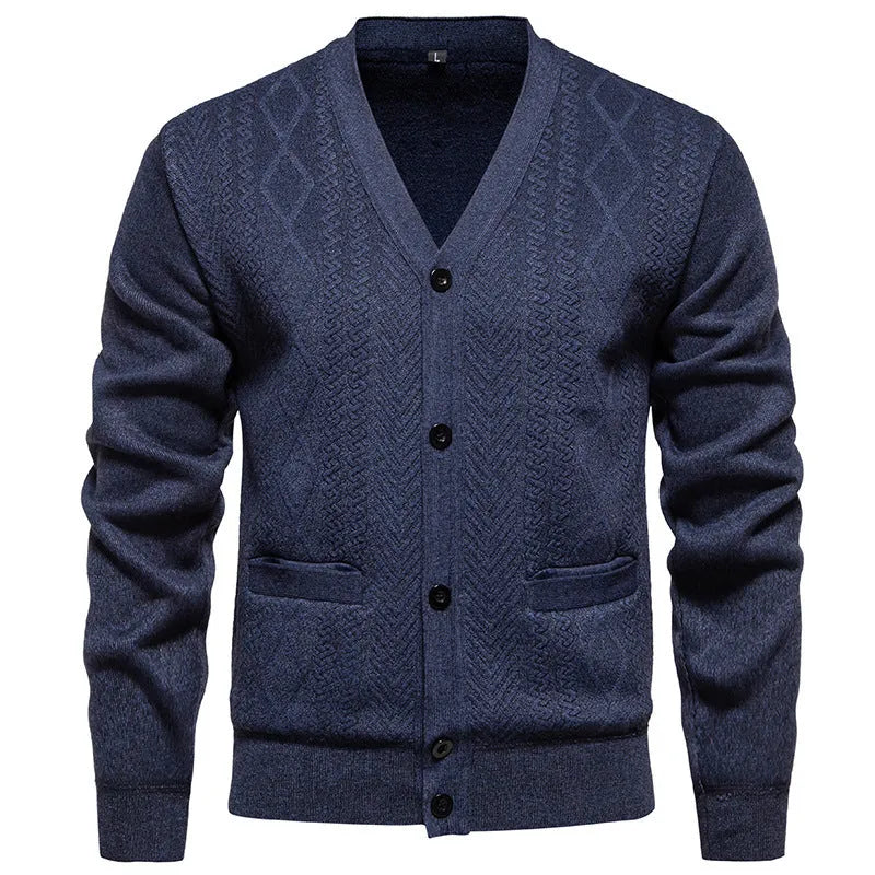 Men's long-sleeved striped cardigan sweater with wool lining in brown, gray, or red