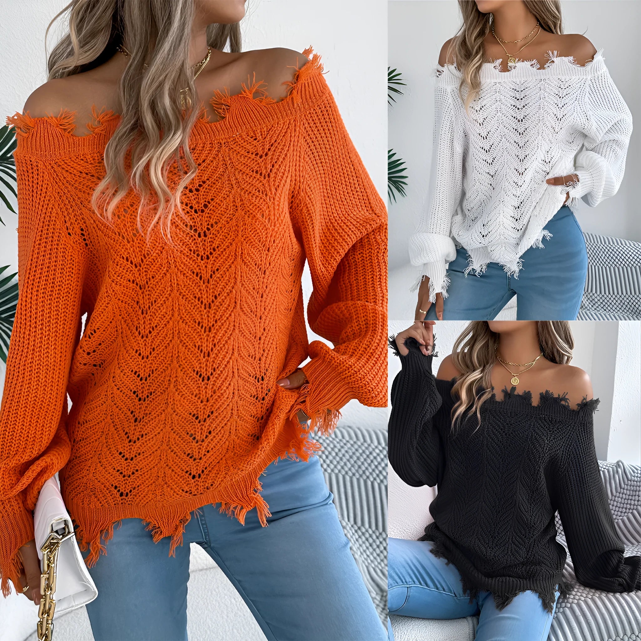 Women's white hollow-out pattern pullover sweater with cut off-the-shoulder design