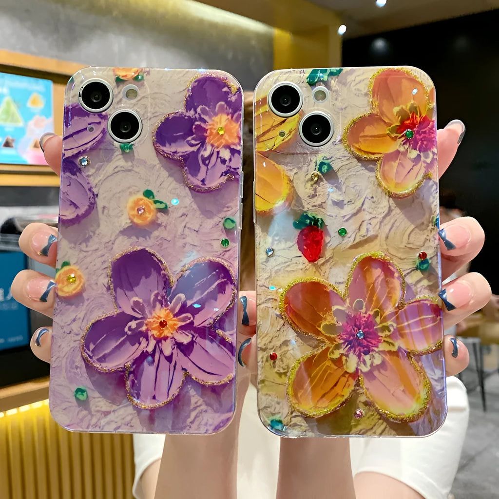 Purple and yellow mobile phone cases with oil painting floral design and inlaid diamond decoration.
