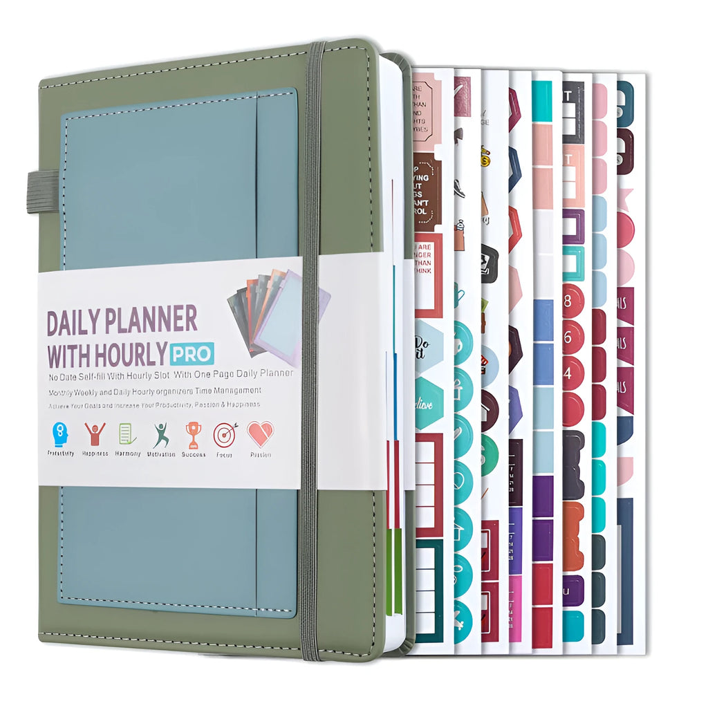 A5 notebook with purple PU cover closed by a black elastic strap