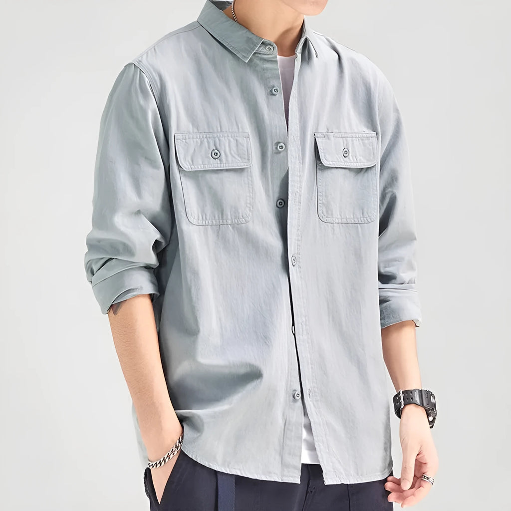 Men's loose fit long sleeve cardigan shirt in polyester available in four colours