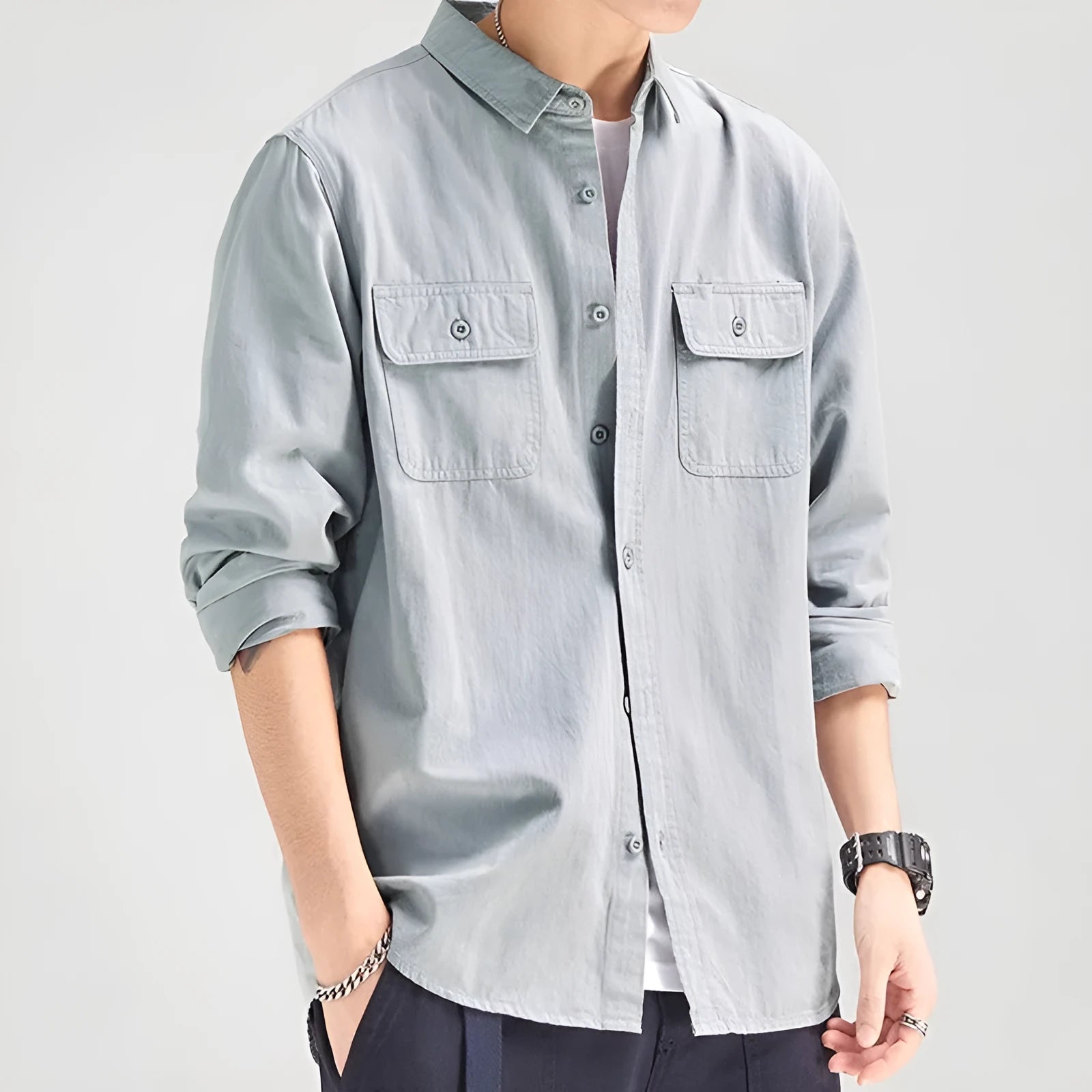 Men's loose fit long sleeve cardigan shirt in polyester available in four colours