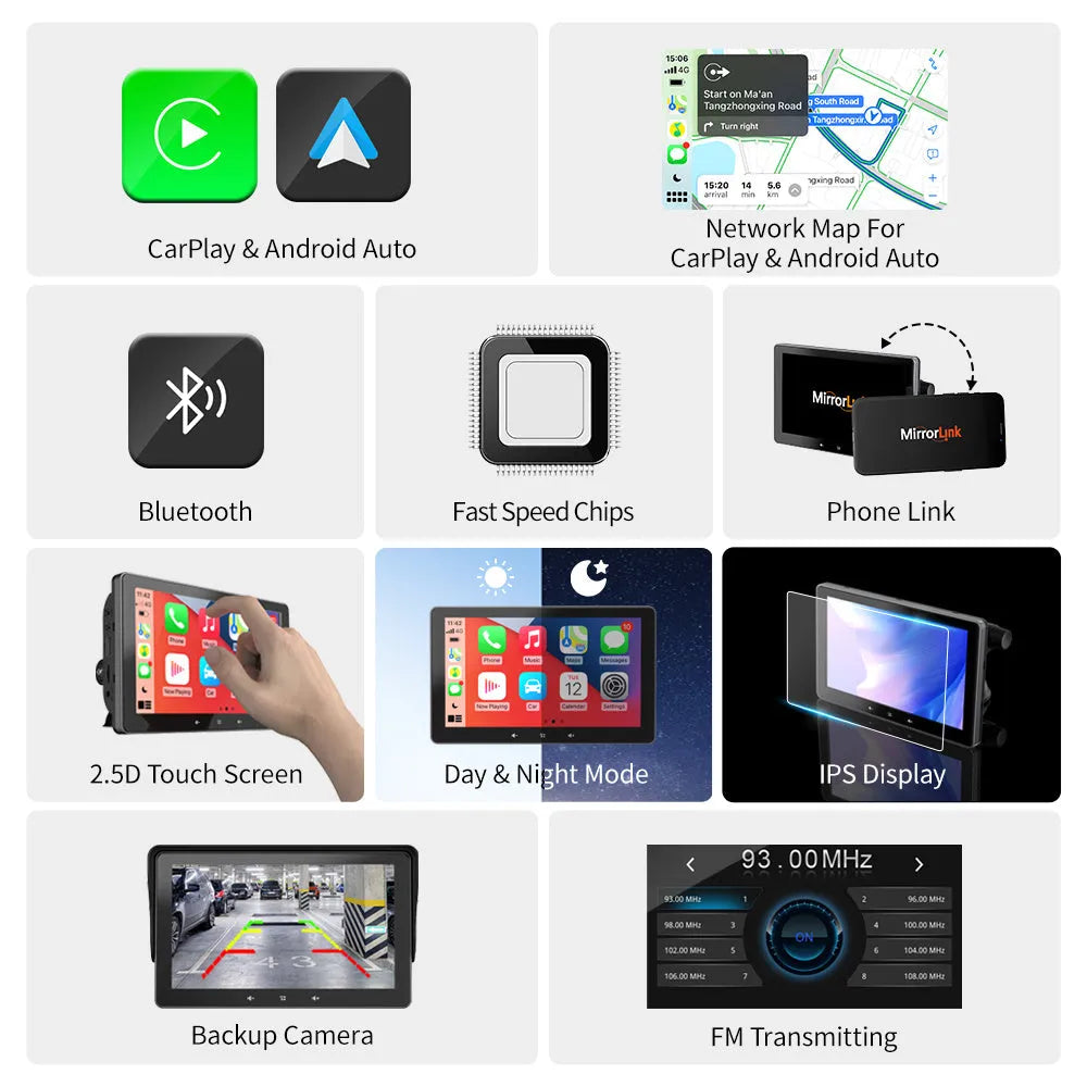 7-inch wireless CarPlay display with suction cup mount and cigarette lighter connector for vehicle installation