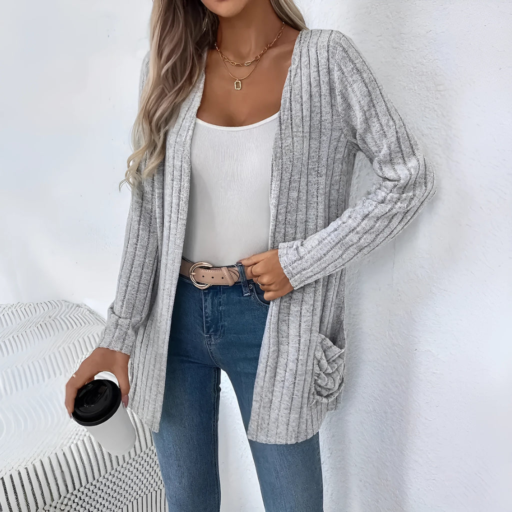 Solid color long sleeve cardigan knitwear with pockets in Grandma Grey or Black polyester blend loose fit