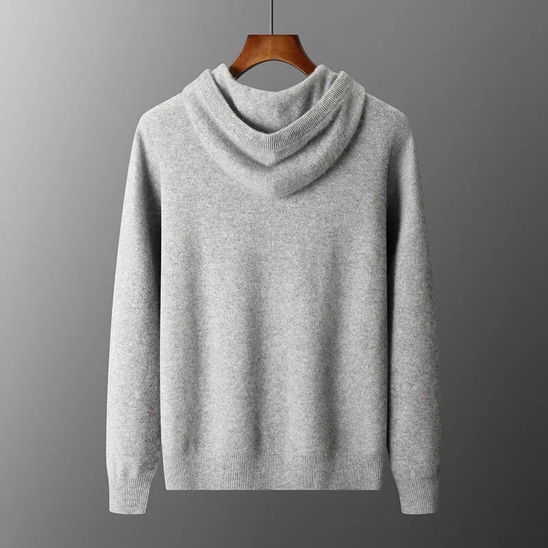 Men's light grey cashmere hooded sweatshirt and matching trousers leisure set on hanger