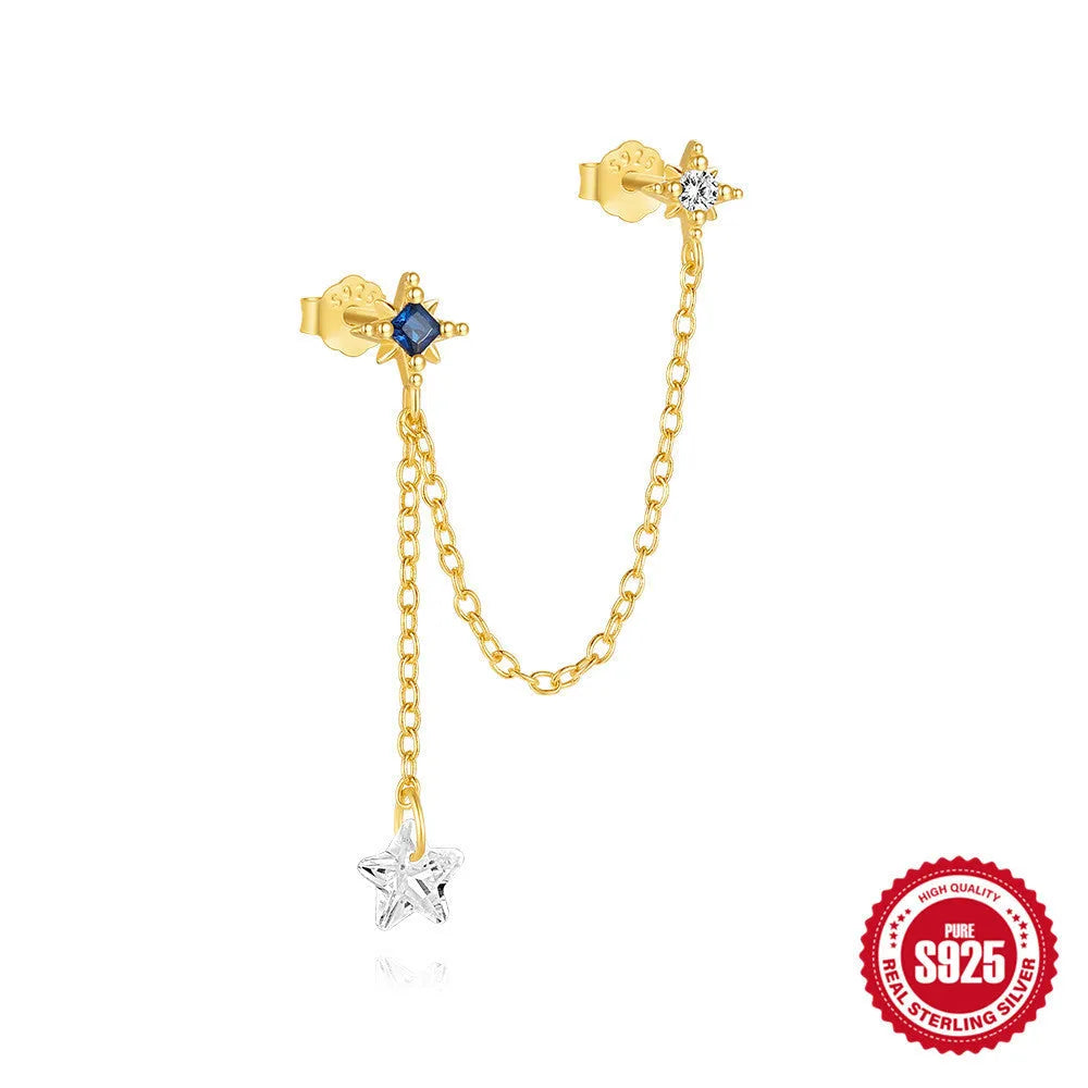 S925 sterling silver geometric stud earrings with inlaid zircon in golden clover, crown, and chain designs.