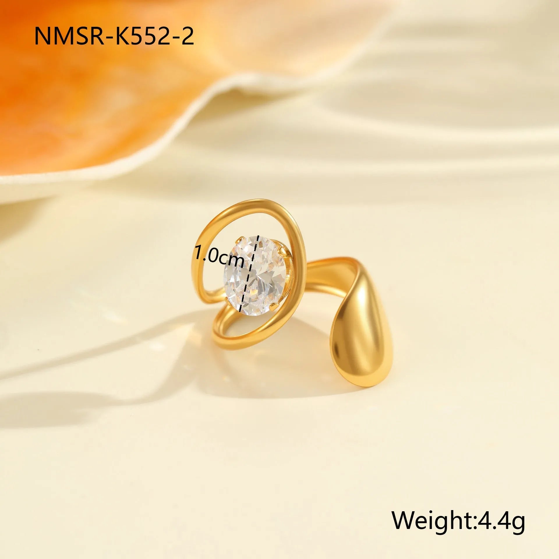Geometric stainless steel zircon ring with open mouth design showing round, oval and quadrangle elements