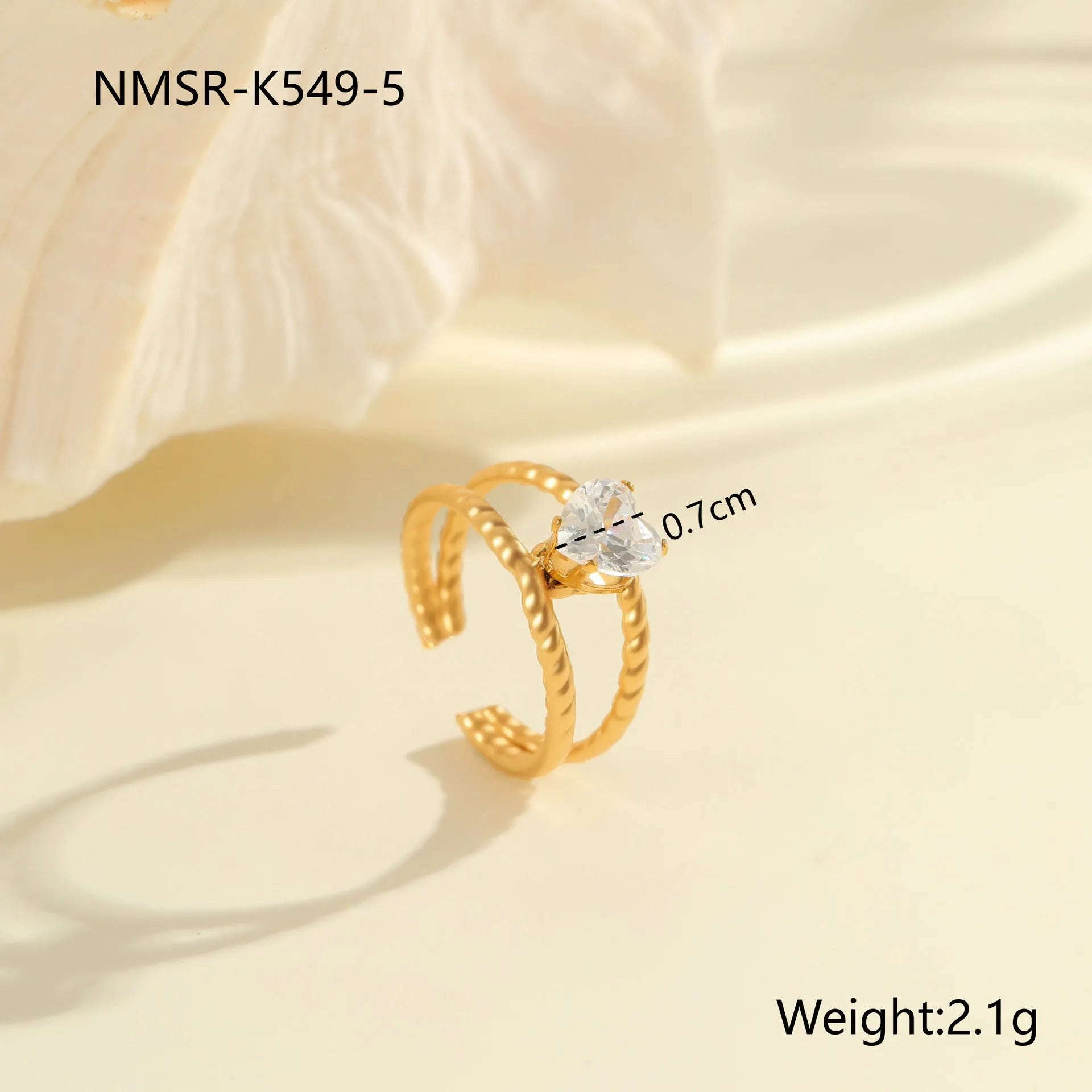 Open mouth geometric stainless steel ring with heart drop shape and gold inlaid zircon.