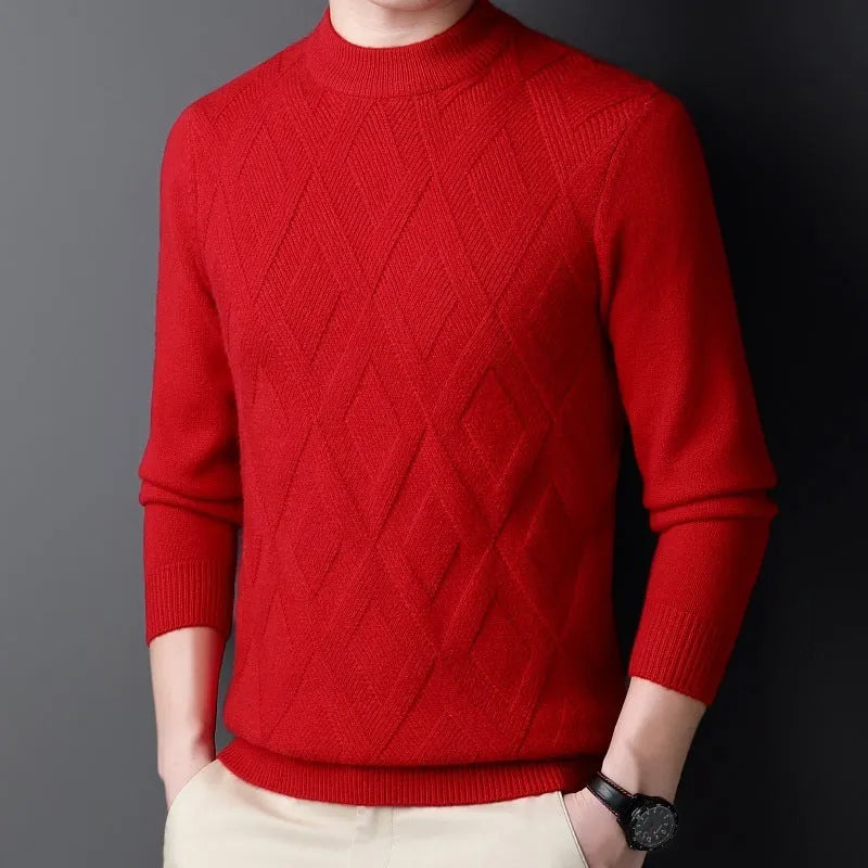 Men's thick winter wool blend pullover sweater with diamond jacquard pattern in a plus size fit.