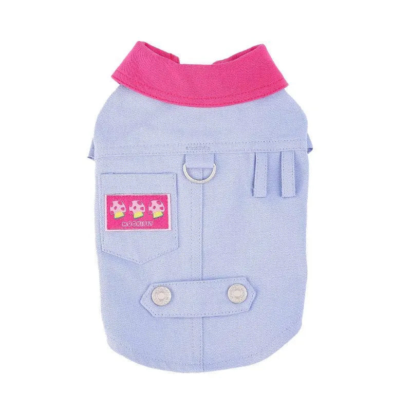 Blue and purple polyester dog vest for small breeds with integrated leash ring, sizes XXS to XXL