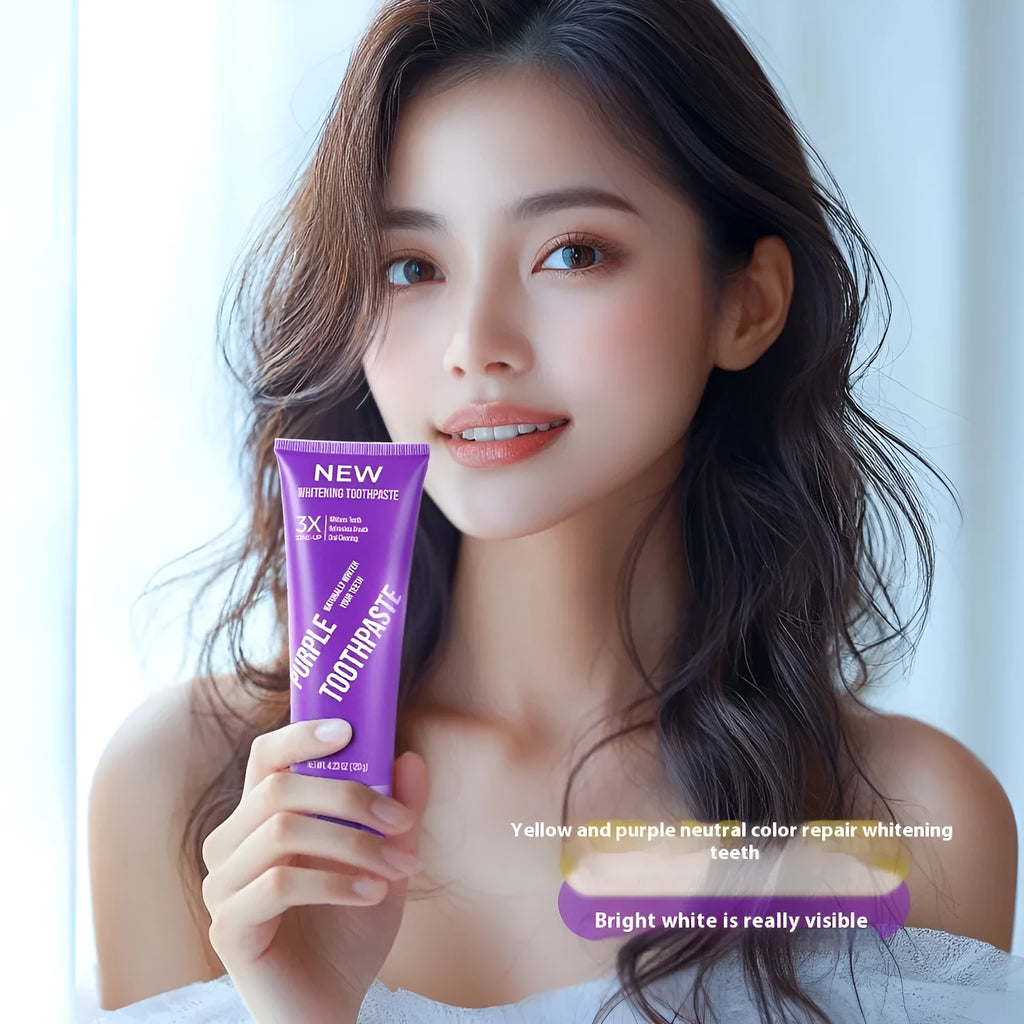 Purple whitening toothpaste tube for adults in 120g and 65g sizes.