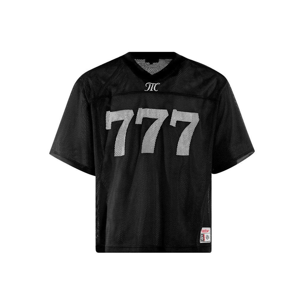 Retro style loose summer T-shirt in black, shown front-on on a hanger.
