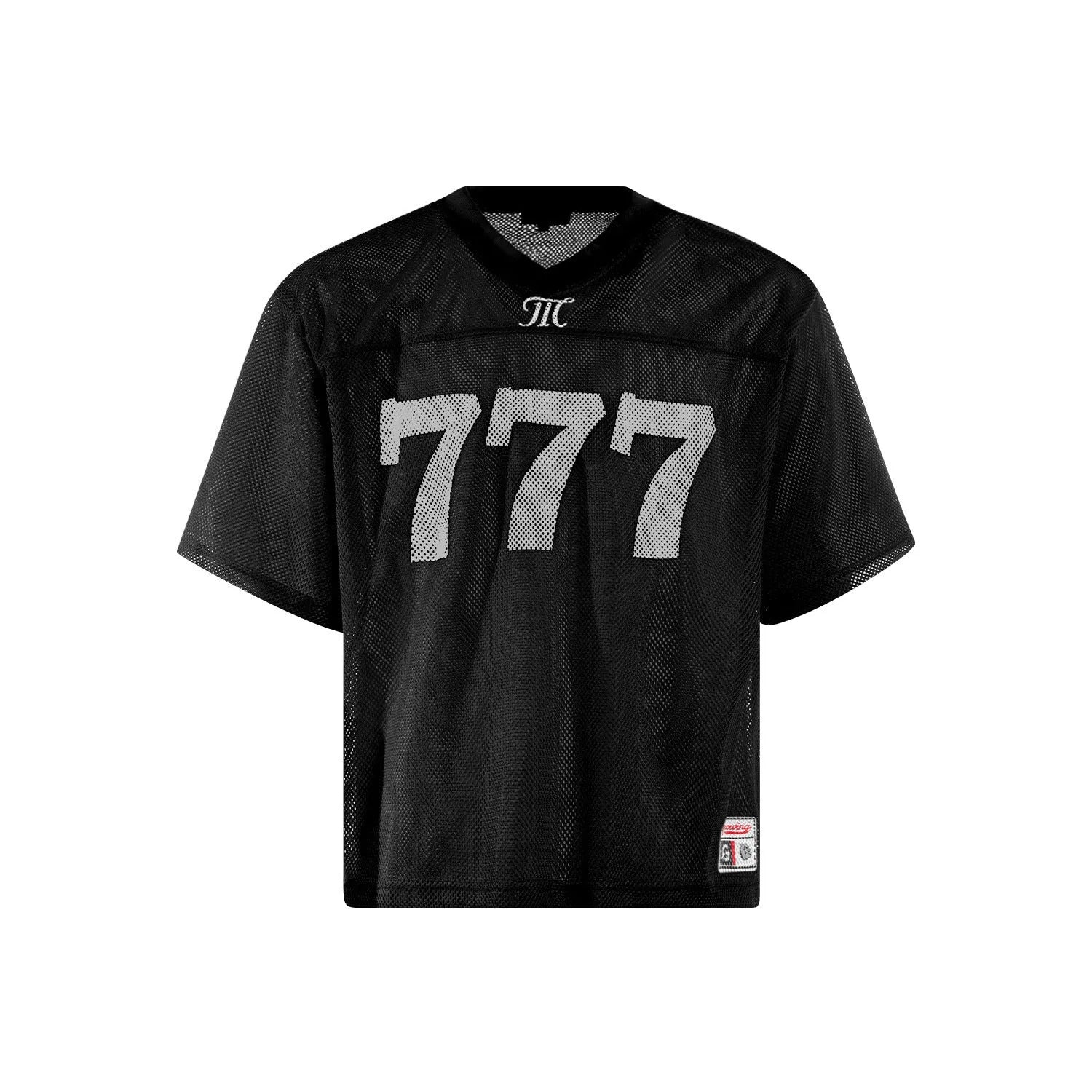 Retro style loose summer T-shirt in black, shown front-on on a hanger.