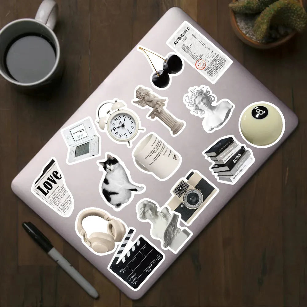 Set of 61 black and white simple style PVC waterproof vinyl stickers for laptops, cups, phones and guitars.