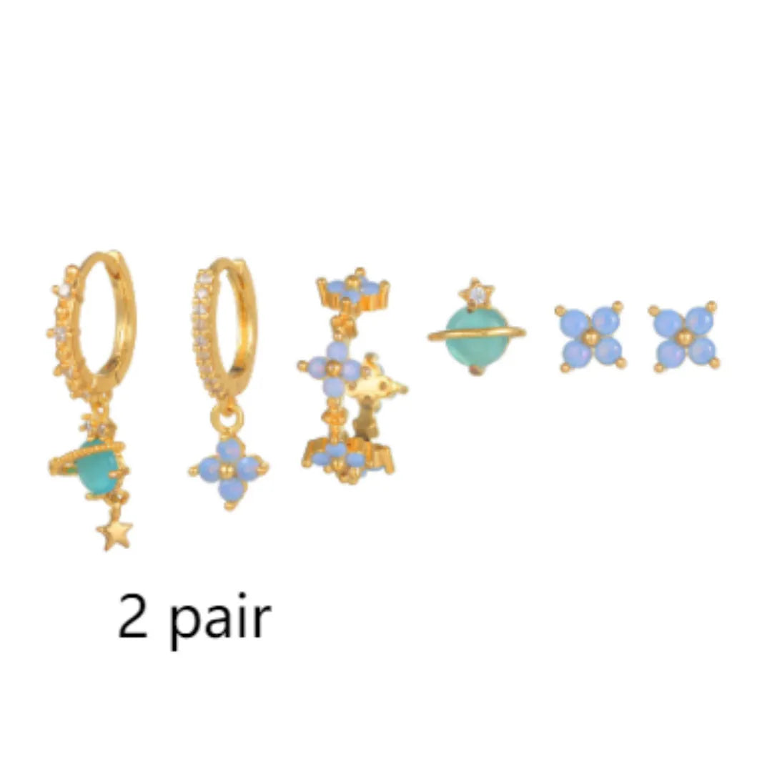 Floral ear studs with zircon accents in gold or silver finish, Japanese Korean style design