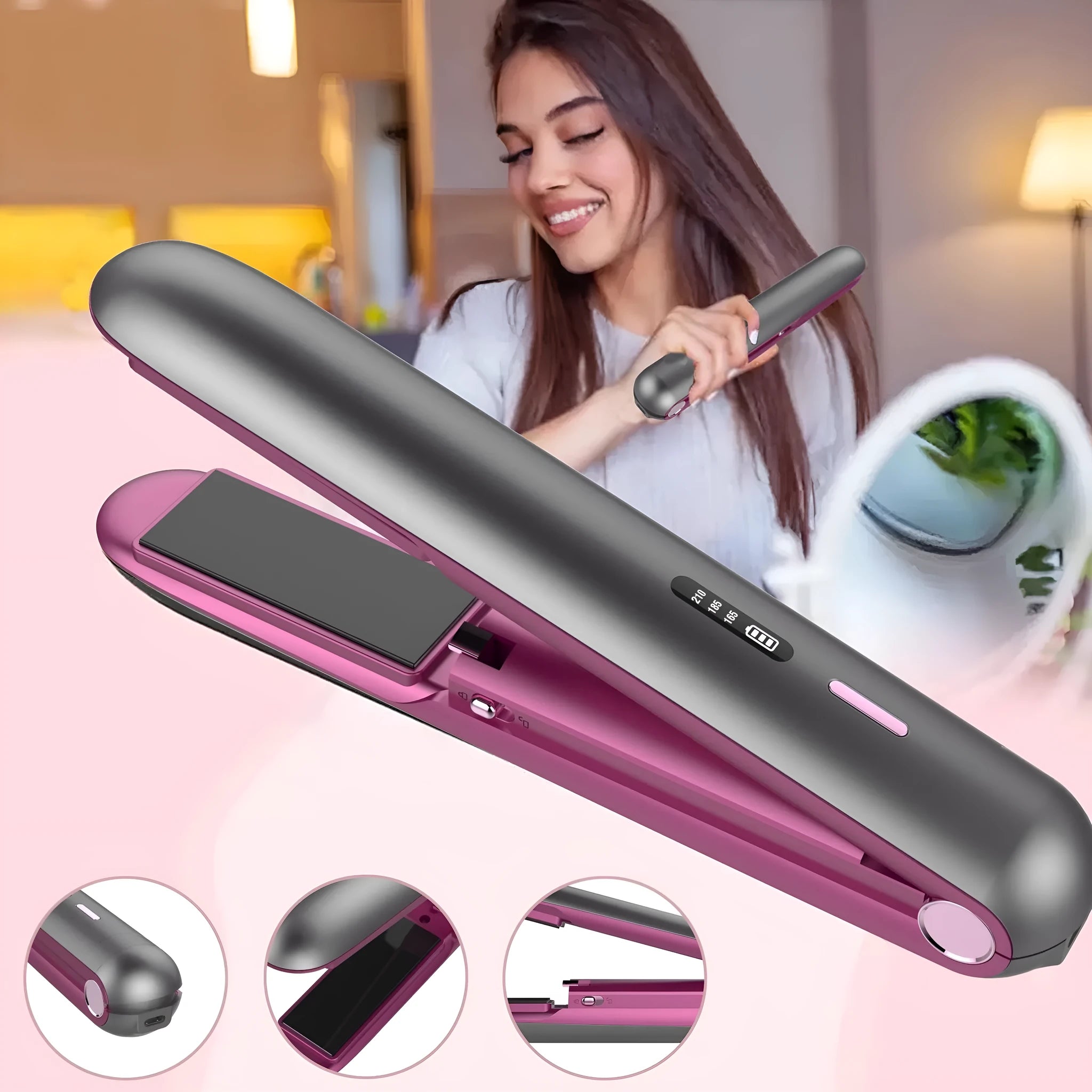 Moon shadow grey wireless small hair straightener with ceramic plates and temperature control