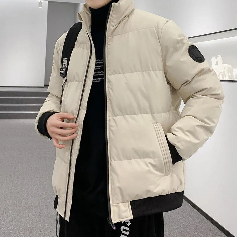 Thick warm cotton padded cardigan style jacket for men in khaki colour loose fit polyester