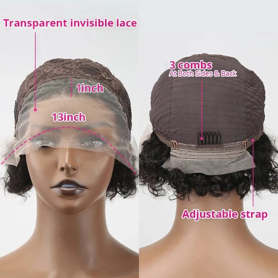 Black human hair pixie wig with lace front on mannequin head