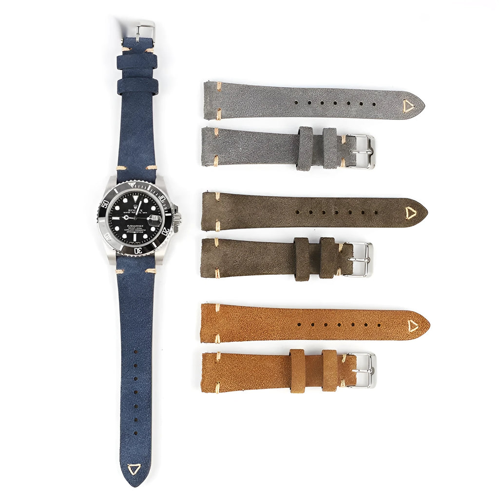 Brown suede genuine leather watch strap with exotic ethnic style design on a 20mm watch lug.
