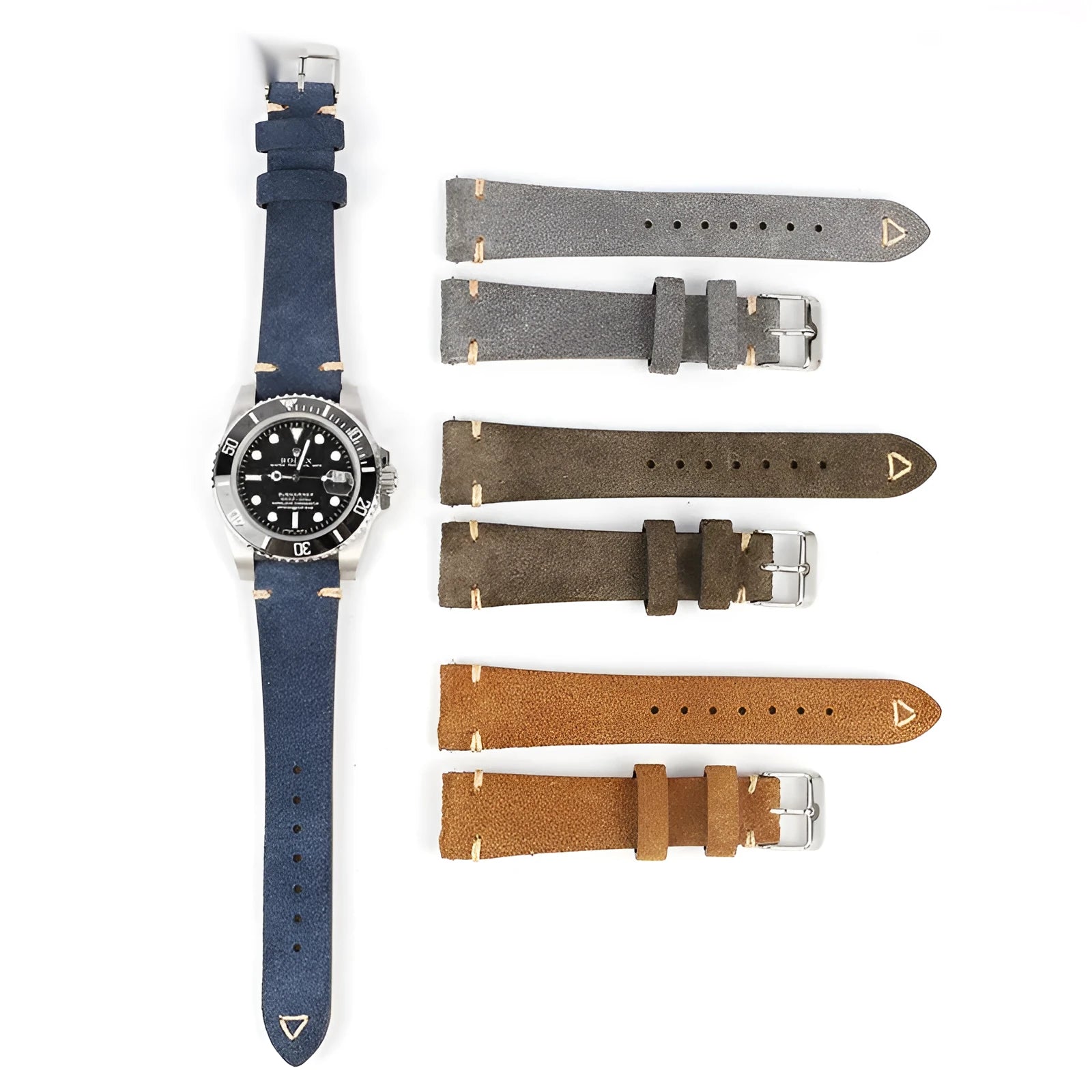 Brown suede genuine leather watch strap with exotic ethnic style design on a 20mm watch lug.