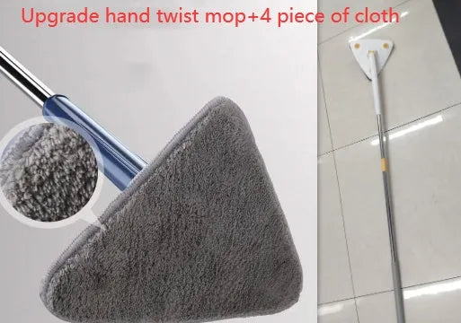 Blue triangle cleaning mop with extendable stainless steel pole and 360-degree rotating head