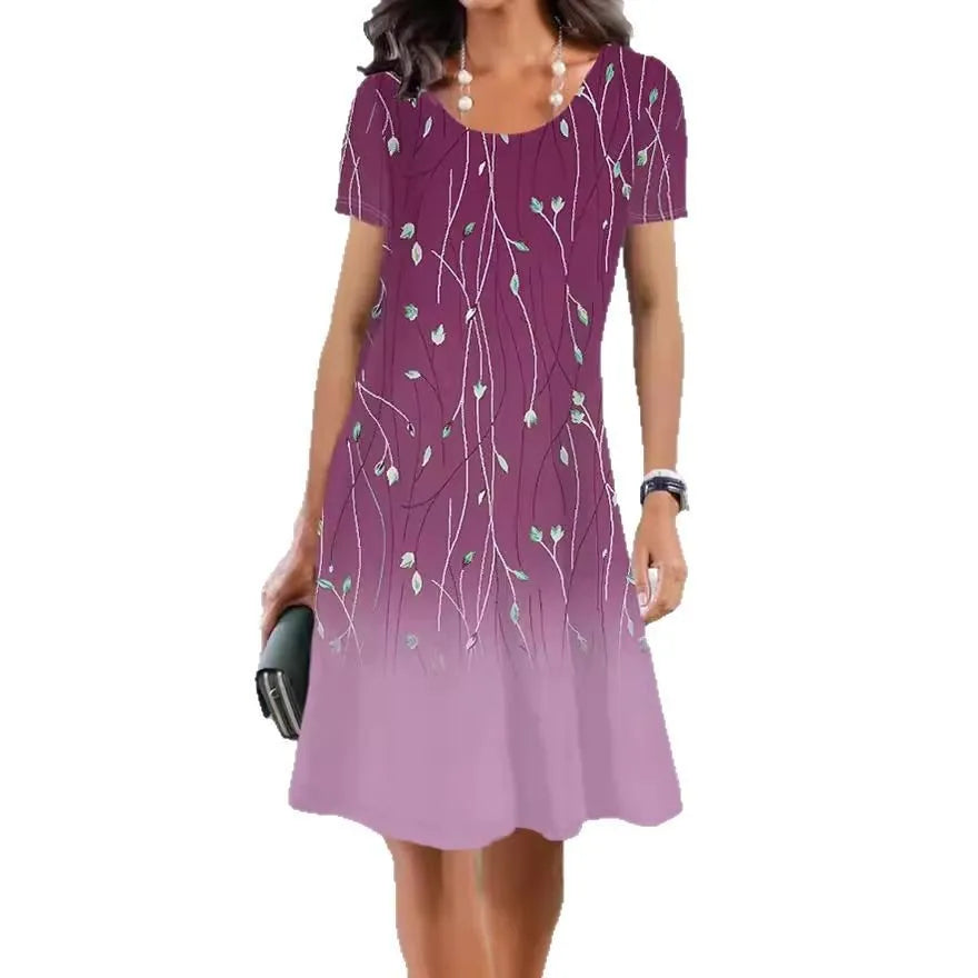 Women's mid-length A-line dress with plant and flower print in ice silk fabric for spring and summer