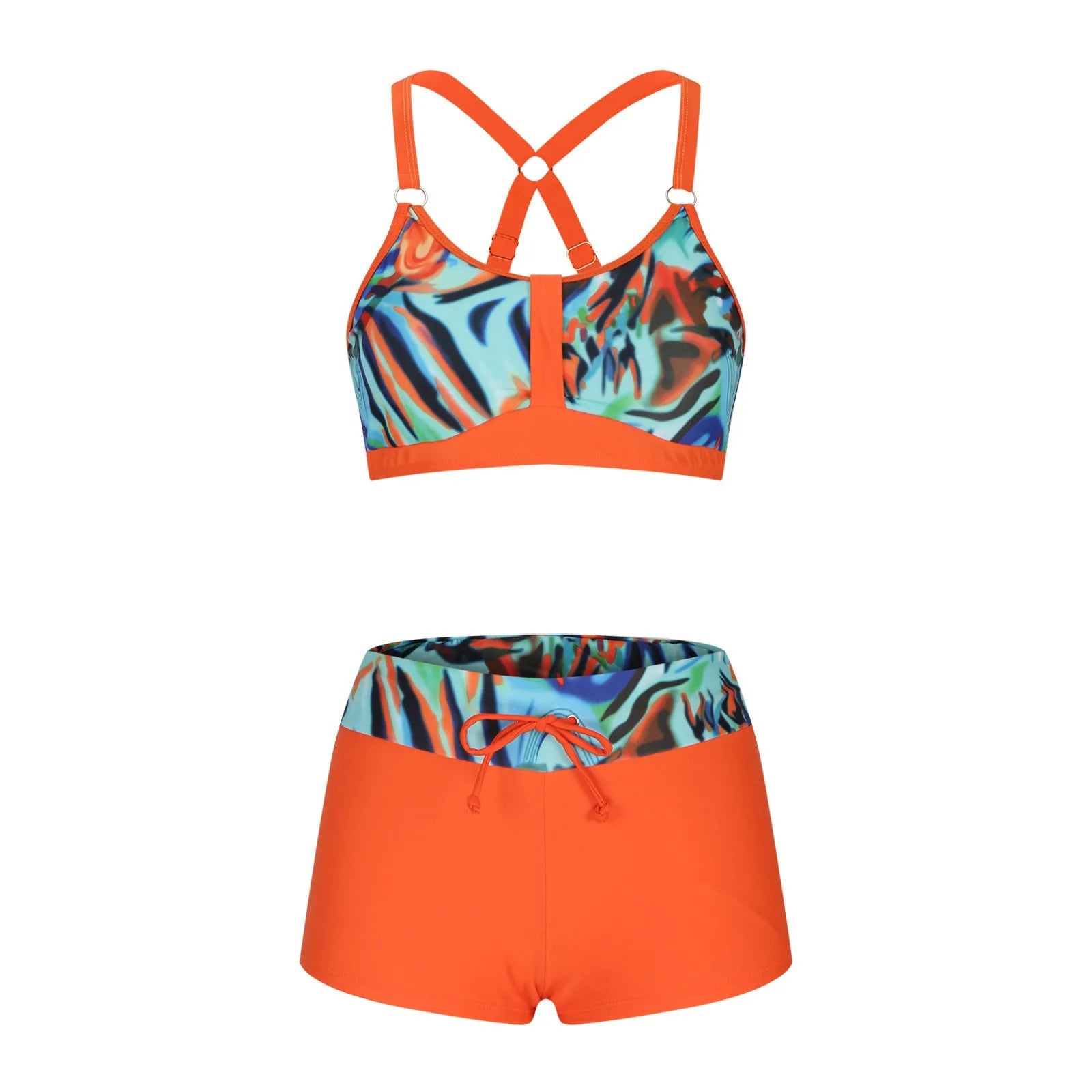 Women's floral print bikini swimsuit set in polyester, shown on a mannequin.