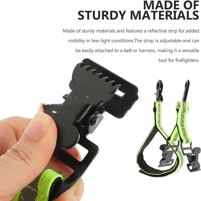 Fluorescent green metal safety clip with reflective tape for securing fireman gloves.