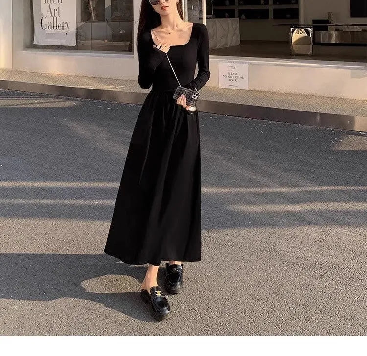 Women's square collar knitted dress with elastic waist and A-line midi skirt