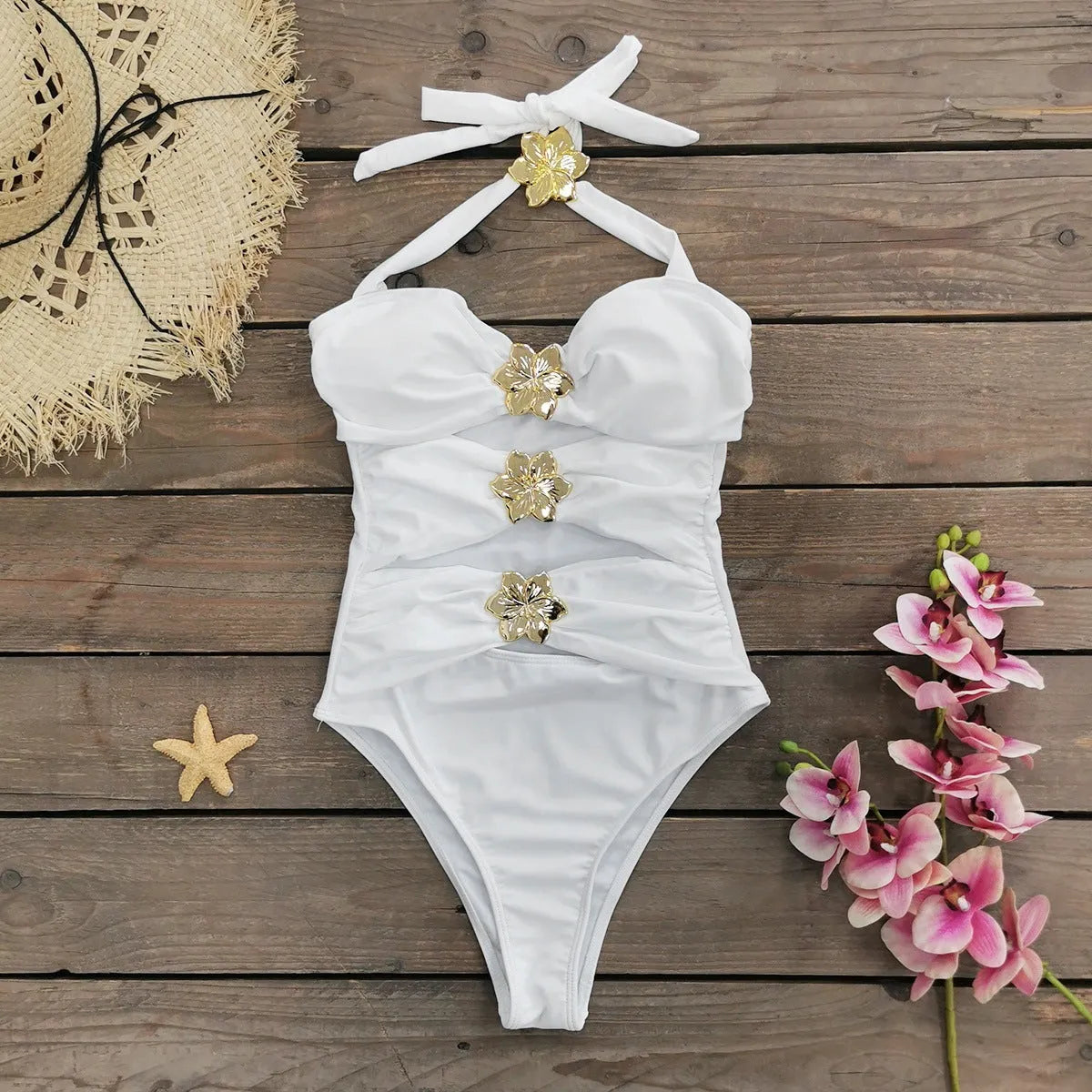 Women's solid colour one-piece swimsuit with matching short skirt, high-waisted design with hollow-out tube top
