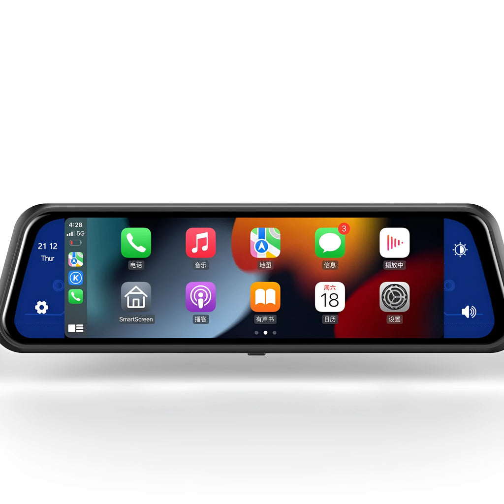 Dual-lens car dash cam with large touch screen mounted on rearview mirror.