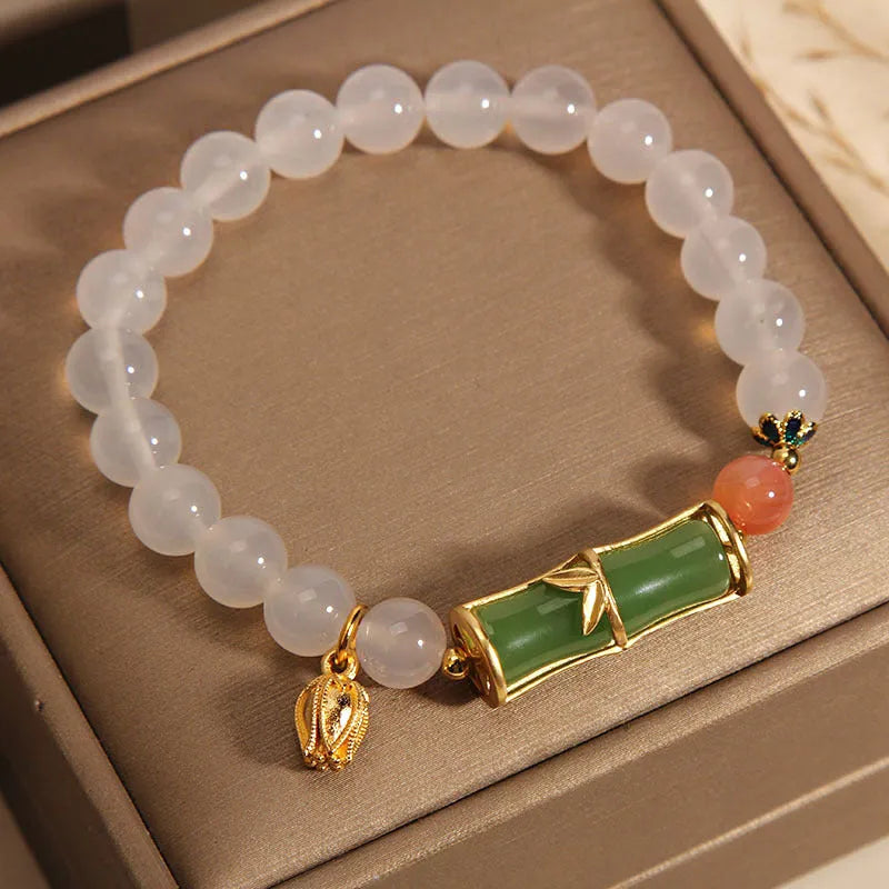 Chinese bamboo beaded bracelet with white agate jasper and jade beads for women