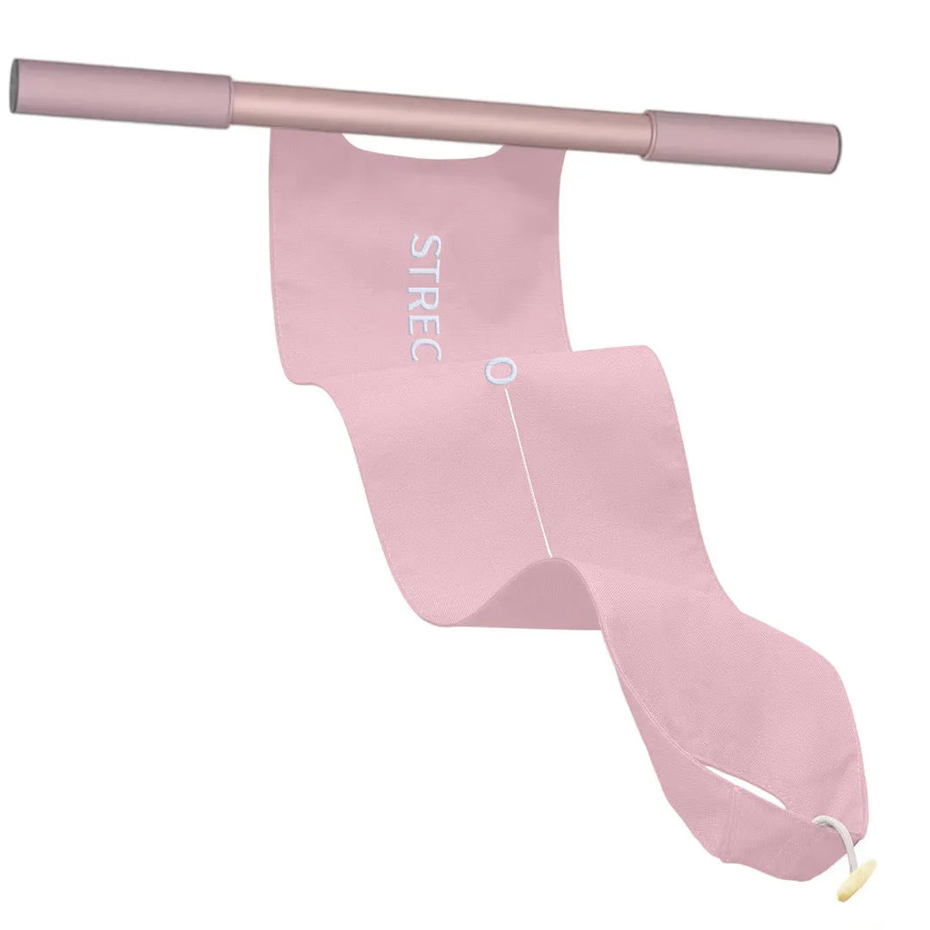 Grey and pink multi-function yoga stretching tool for shoulder, back and hip exercises.
