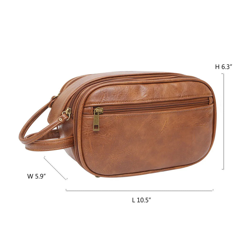 Men's black PU leather toiletry bag with multiple compartments open to show interior organisation