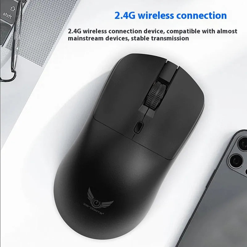 Black wireless optical mouse with audio control buttons and DPI adjustment for laptop computers
