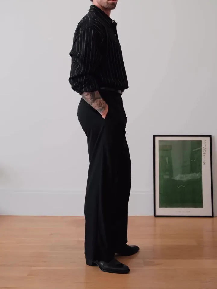 Black pinstripe button-down shirt with regular fit and long sleeves