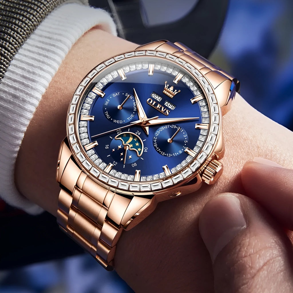 Men's automatic mechanical watch with diamond markers on stainless steel band