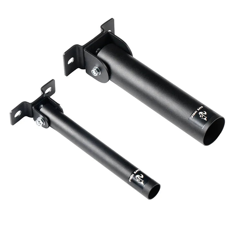 Steel wall-mounted rack holding multiple barbell bars or tubes