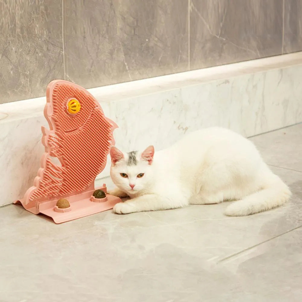 Plastic cat wall scratcher fish shape 31cm with self-grooming brush and catnip balls