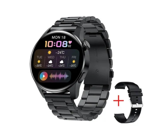 Smart watch with colour touch screen showing heart rate data, with a black silicone sports strap on a wrist.