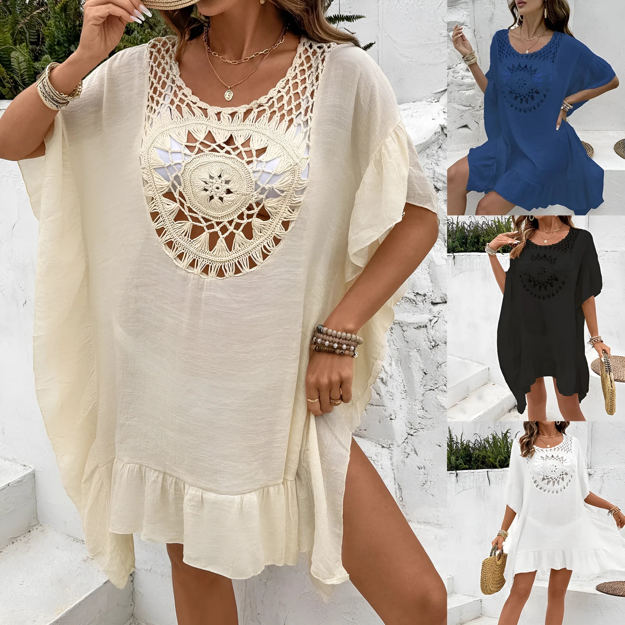 Beach crochet tassel dress swimsuit cover-up in patchwork skirt design