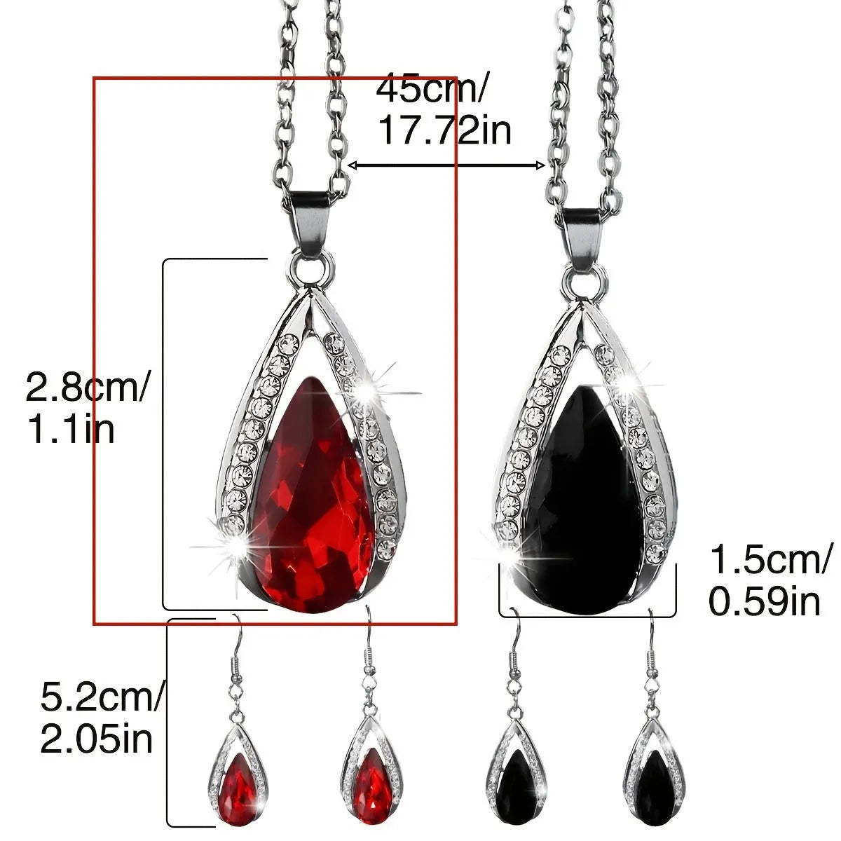 Black and red teardrop glass pendant necklace and matching earrings jewellery set