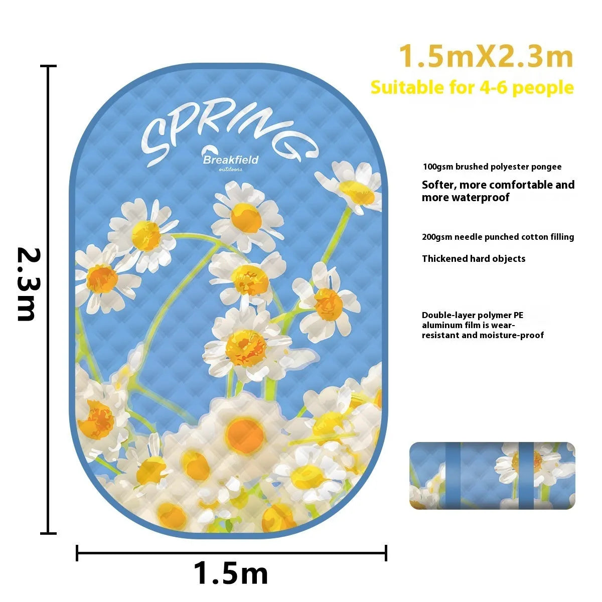 Waterproof picnic mat in brushed fabric with moisture-proof backing for outdoor use