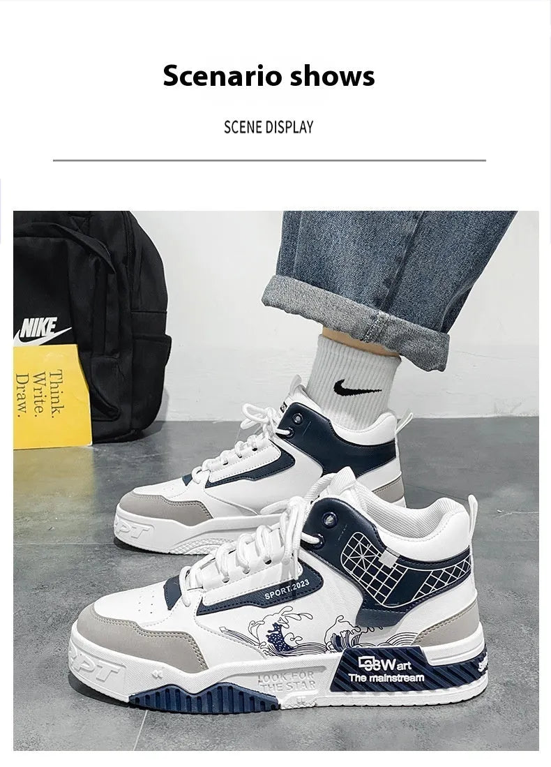 Men's beige high-top board shoes with rubber sole and lace-up front