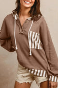 Straw yellow striped patchwork hoodie with button neck and drawstring hood in waffle texture fabric