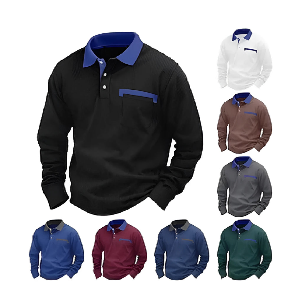 Man modelling a long-sleeved waffle-texture polo shirt in a loose, retro style.