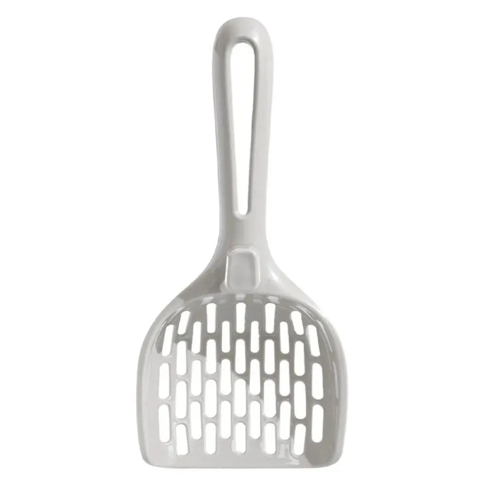 Grey plastic cat litter scoop with handle and stand-up base.