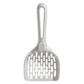 Grey plastic cat litter scoop with handle and stand-up base.