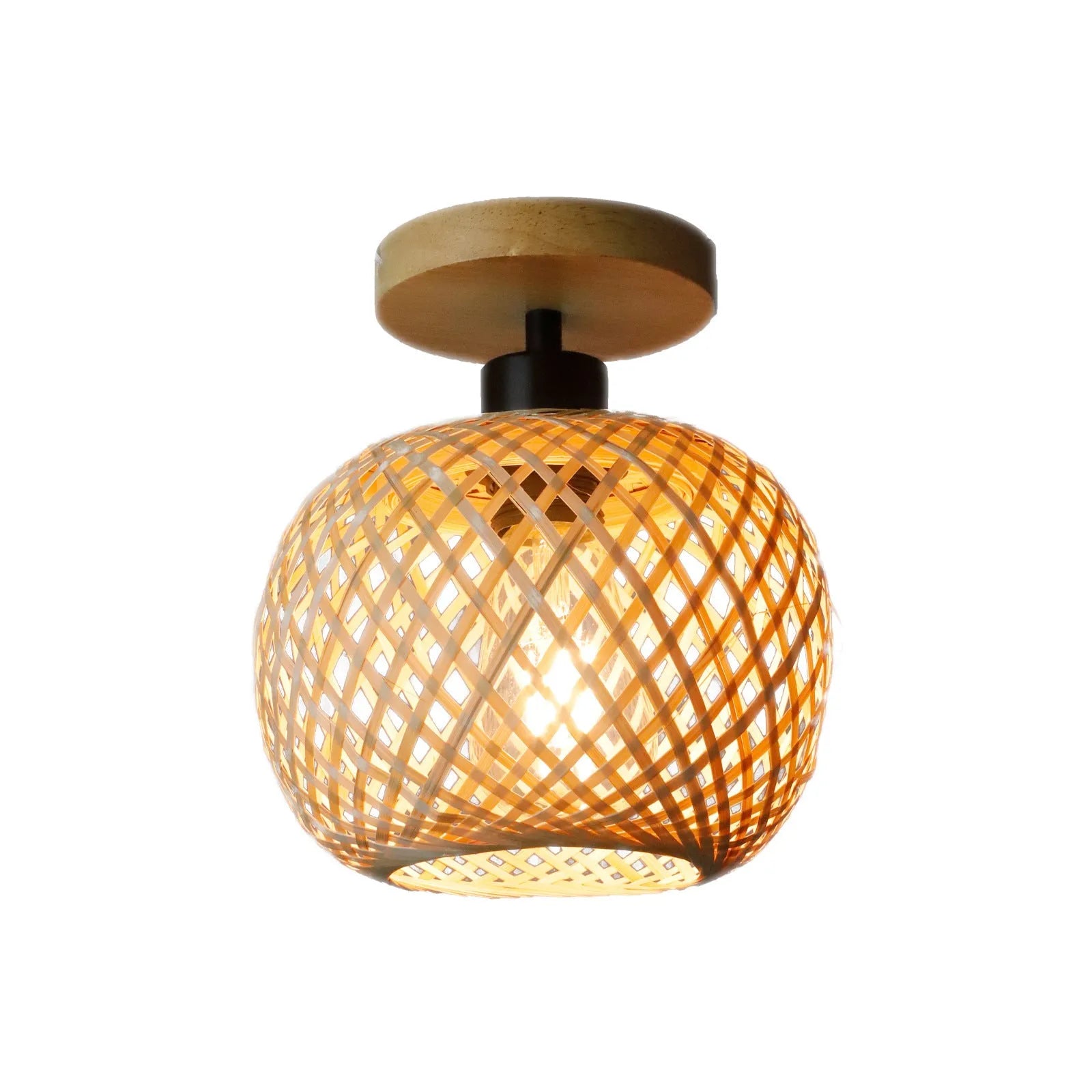 Japanese-style woven bamboo ceiling pendant light with a wood-colour finish, shown from below.